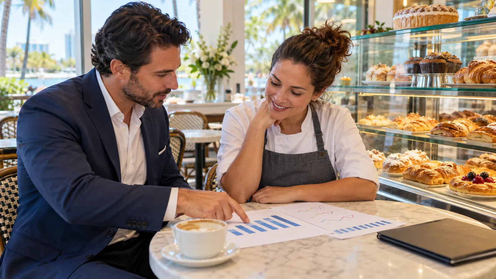 A broker and a bakery owner talk over printed sales figures at a small table beside a display case of pastries