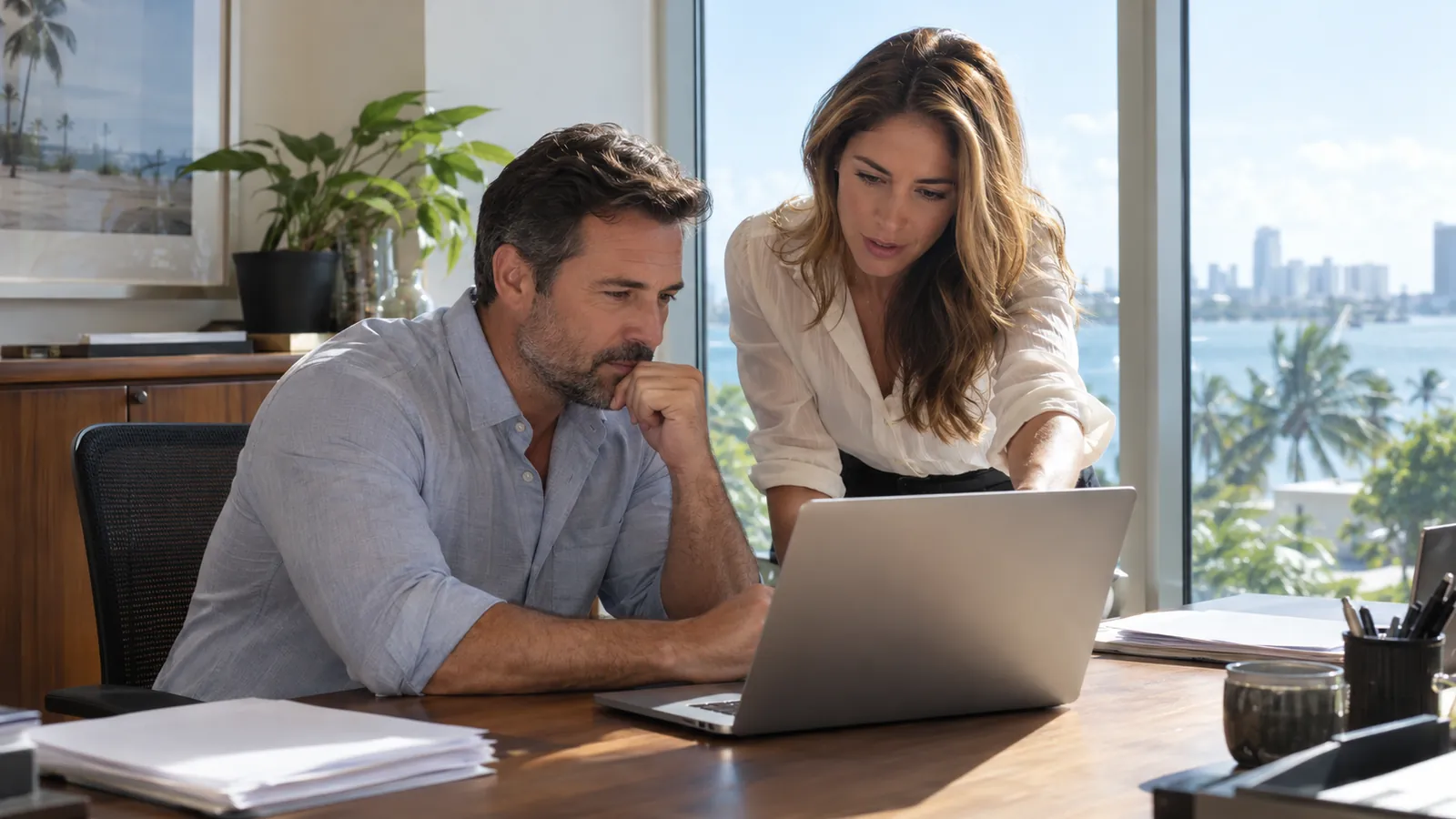 An office manager and a new owner compare payroll reports on a laptop in a small administrative office