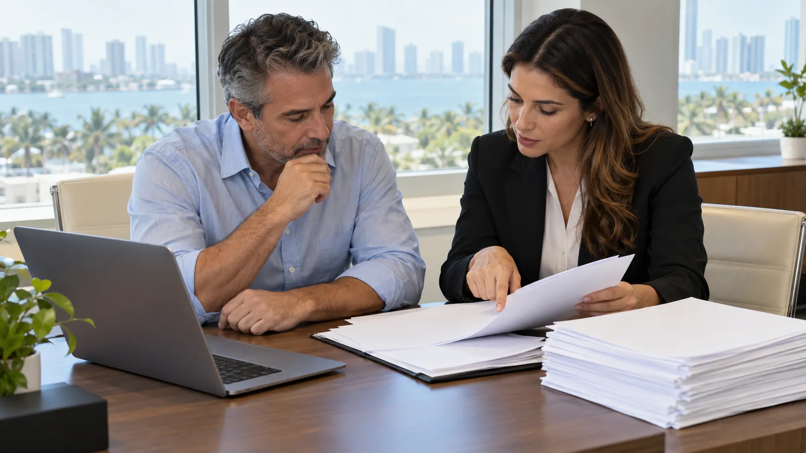 An owner at a desk with a laptop and a stack of tax returns while an accountant points to a page
