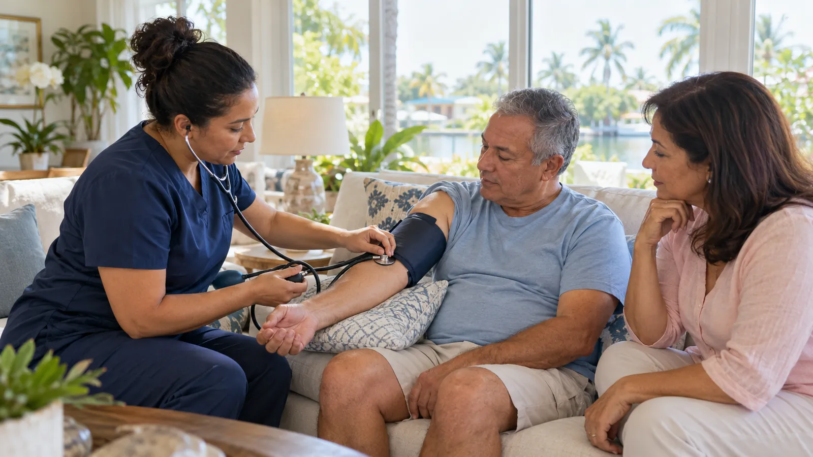 A home health nurse takes a patient's blood pressure in a living room while a family member watches