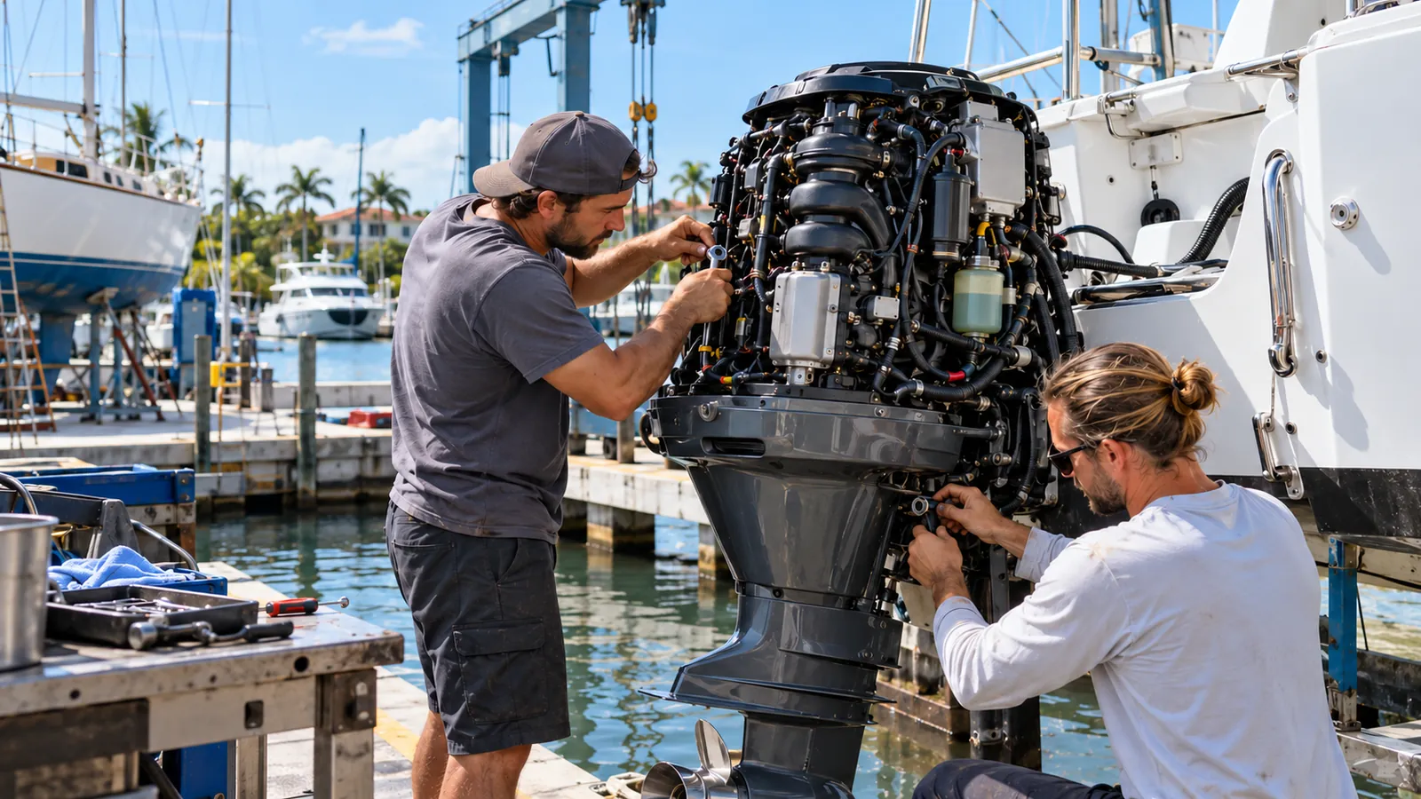 Two marine mechanics work on an outboard engine on a boat lift in a busy boatyard with masts and a canal behind them
